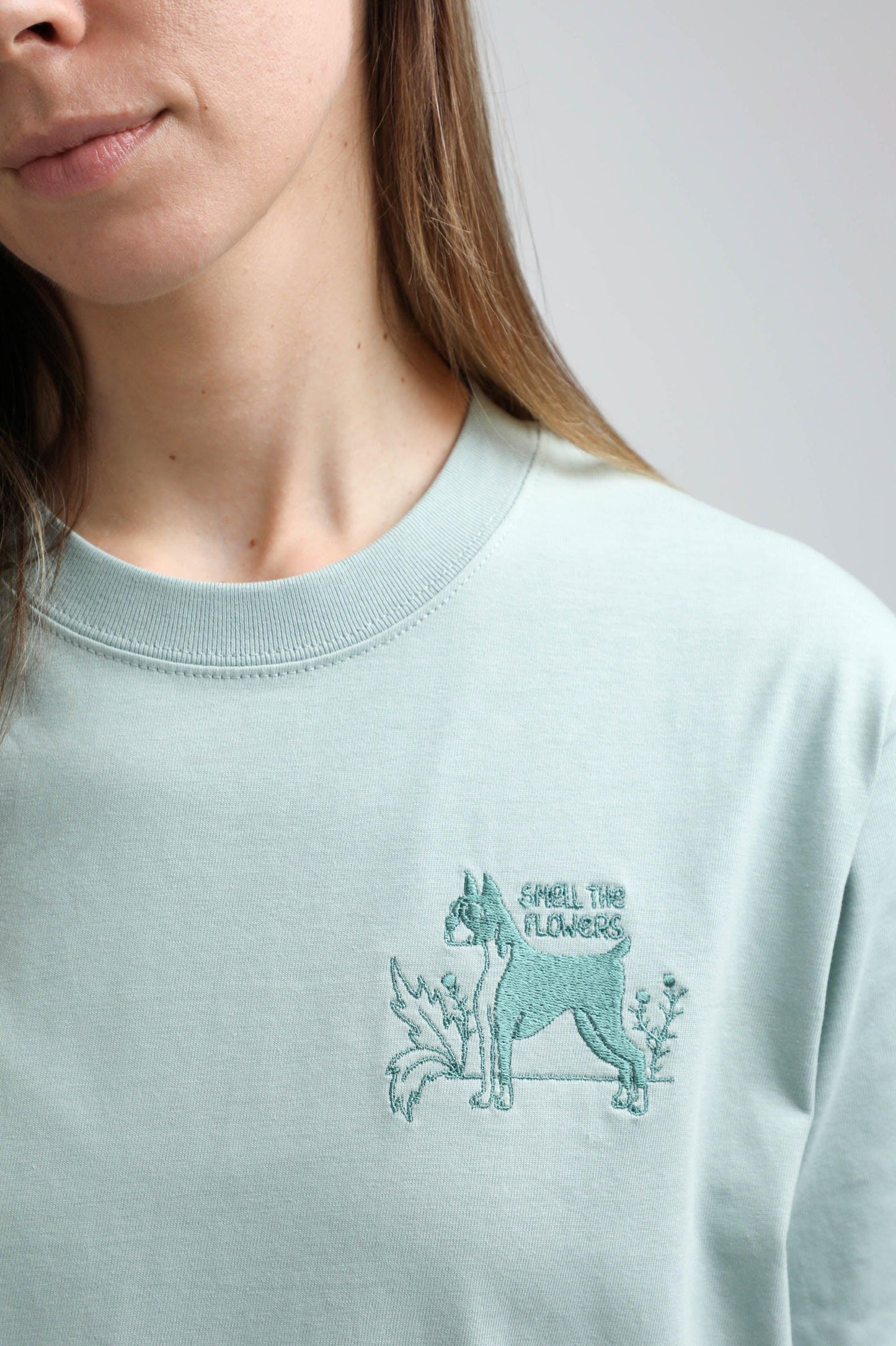 XL available only | Smell the flowers | Heavyweight T-Shirt with embroidered dog. Oversized | Unisex - premium dog goods handmade in Europe by animalistus