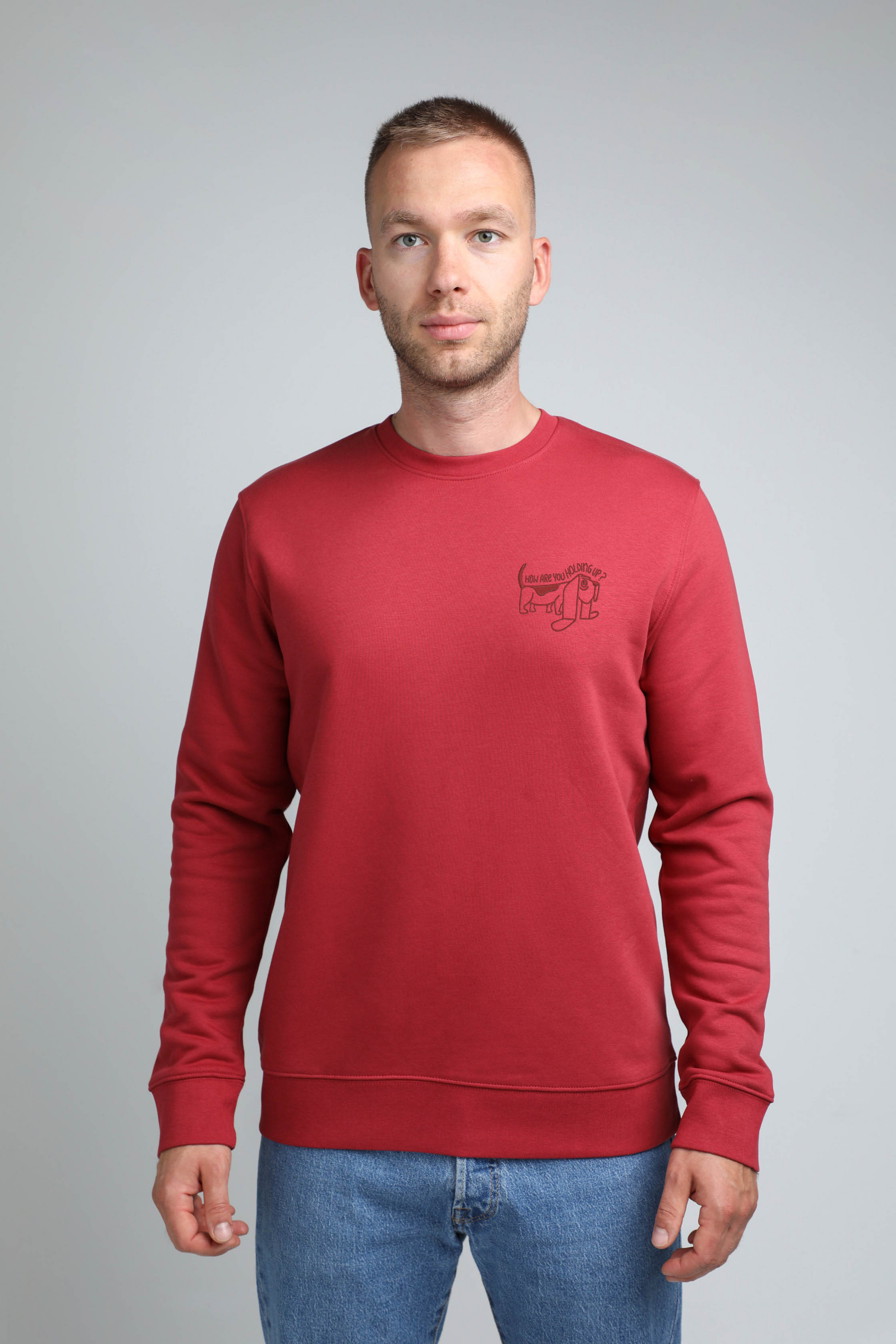 XL available only | How are you holding up? | Crew neck sweatshirt with embroidered dog. Regular fit | Unisex - premium dog goods handmade in Europe by animalistus