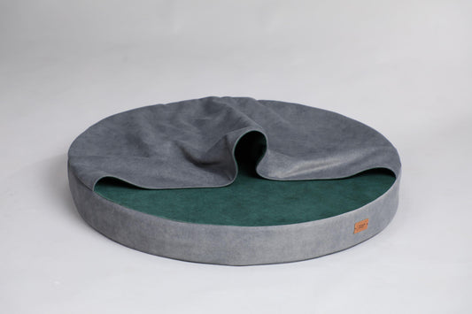 Cozy cave dog bed | STEEL GREY+MOSS GREEN - premium dog goods handmade in Europe by animalistus