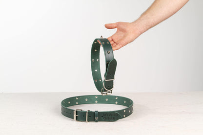 Handmade green leather STUDDED dog collar - premium dog goods handmade in Europe by animalistus