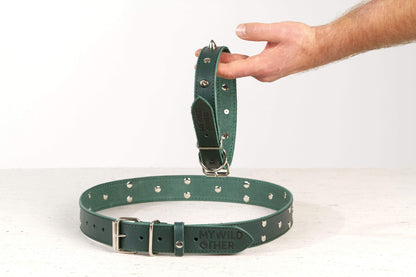 Handmade green leather STUDDED dog collar - premium dog goods handmade in Europe by animalistus