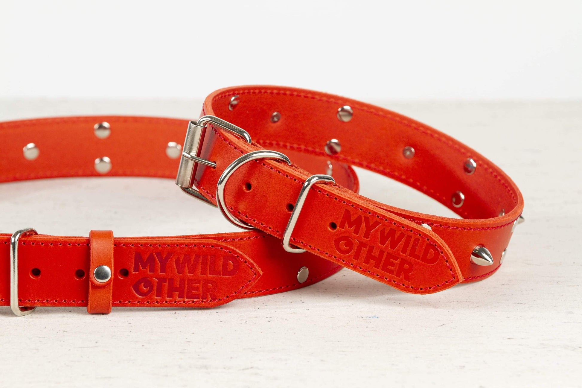 Handmade red leather STUDDED dog collar - premium dog goods handmade in Europe by animalistus