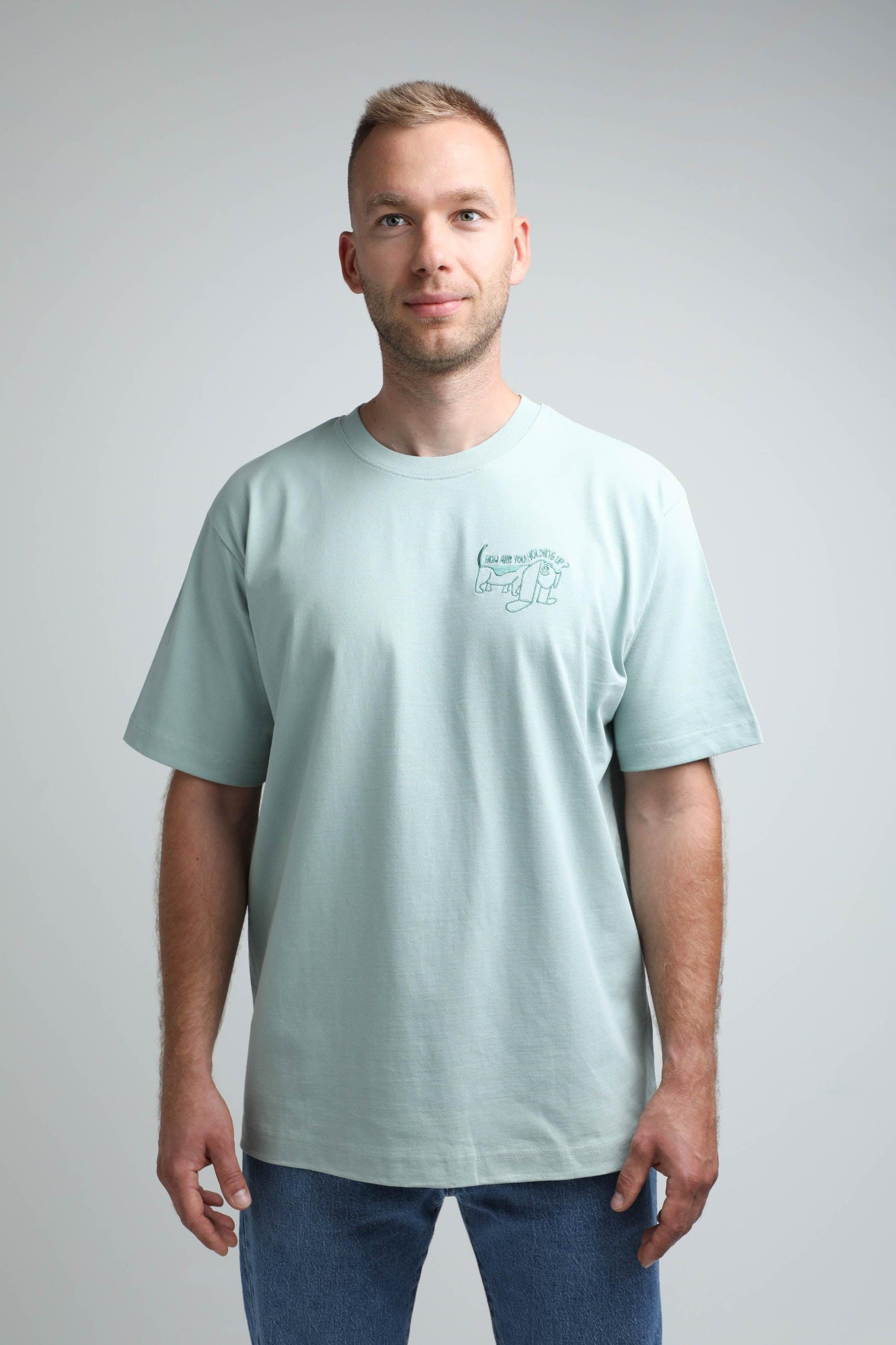 XL available only | How are you holding up? | Heavyweight T-Shirt with embroidered dog. Oversized | Unisex | animalistus