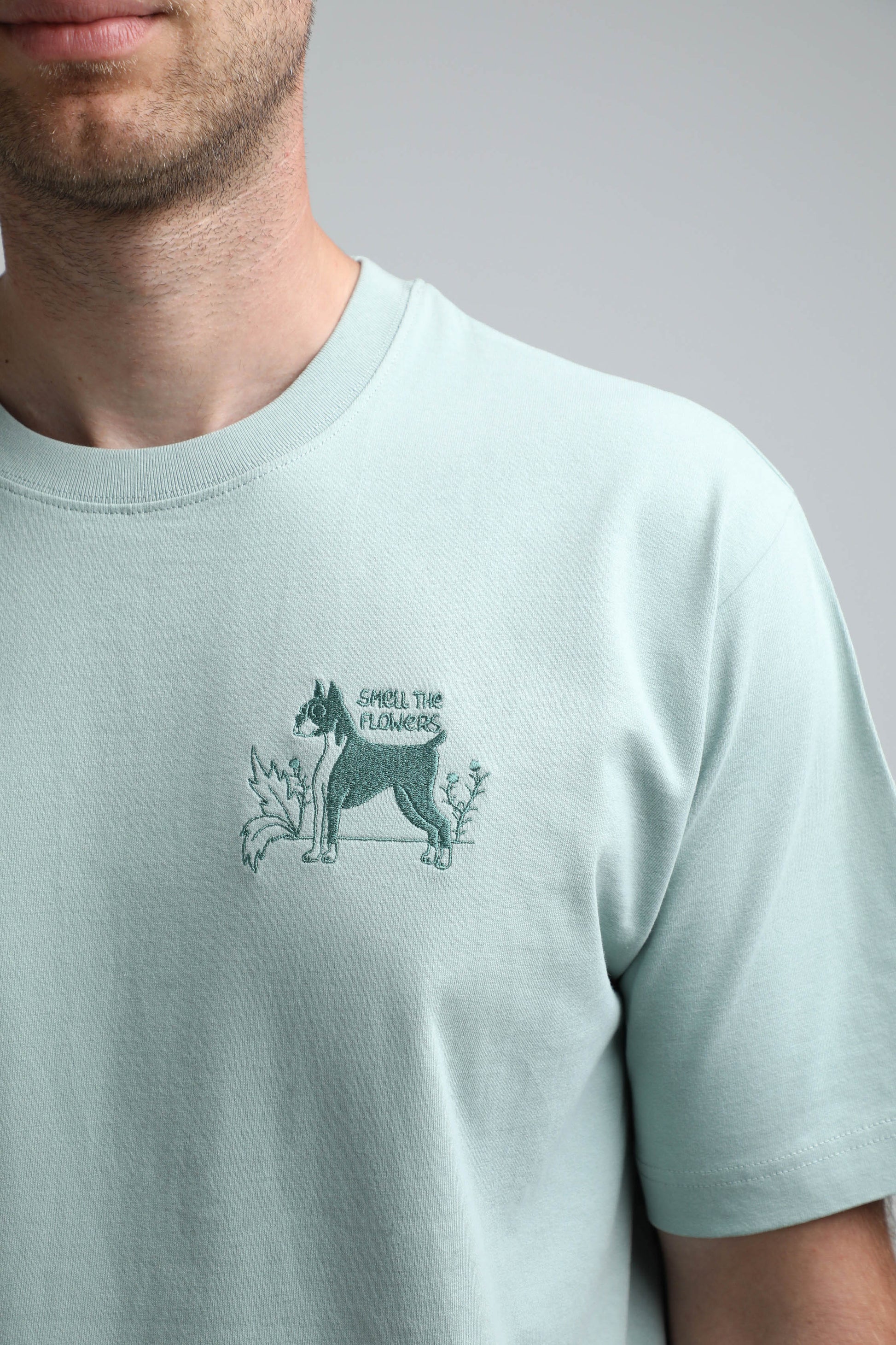 -25% | XL available only | Smell the flowers | Heavyweight T-Shirt with embroidered dog. Oversized | Unisex - premium dog goods handmade in Europe by My Wild Other