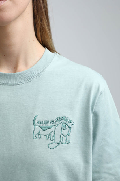 -25% | XL available only | How are you holding up? | Heavyweight T-Shirt with embroidered dog. Oversized | Unisex - premium dog goods handmade in Europe by My Wild Other