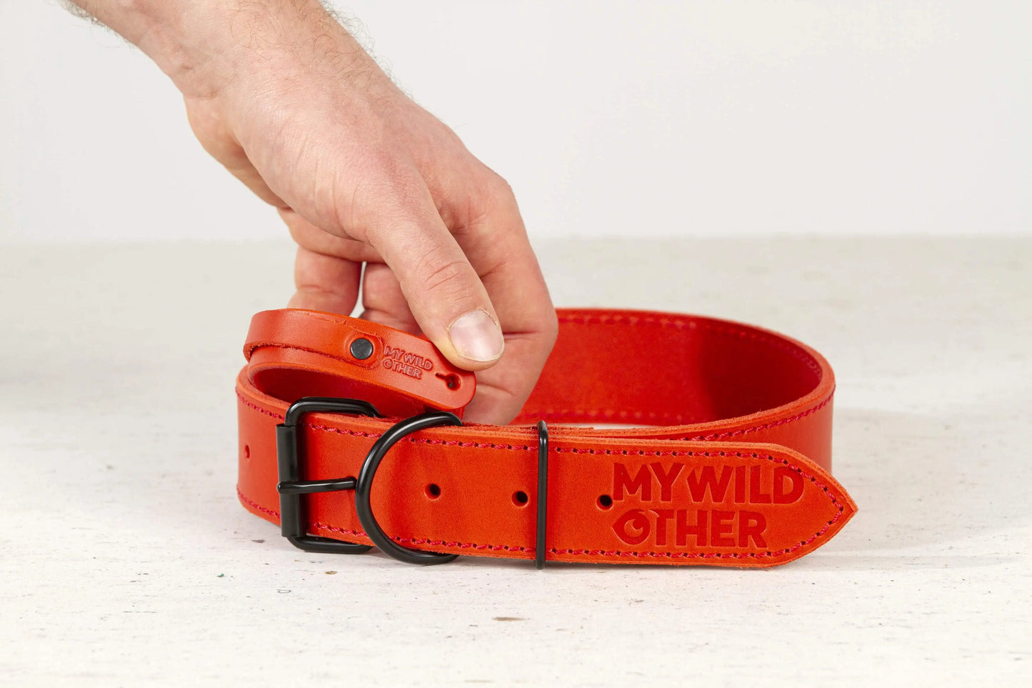 Handmade red leather dog collar