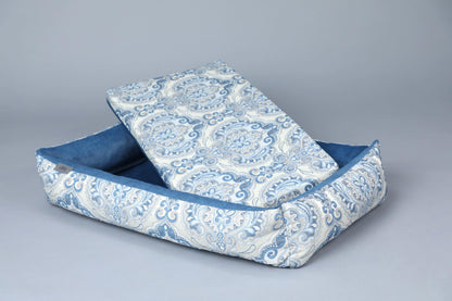 2-sided bohemian style dog bed. SAPPHIRE BLUE - premium dog goods handmade in Europe by animalistus