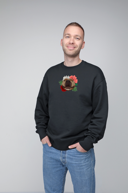 Serious dog with flowers | Crew neck sweatshirt with dog. Oversize fit | Unisex by My Wild Other