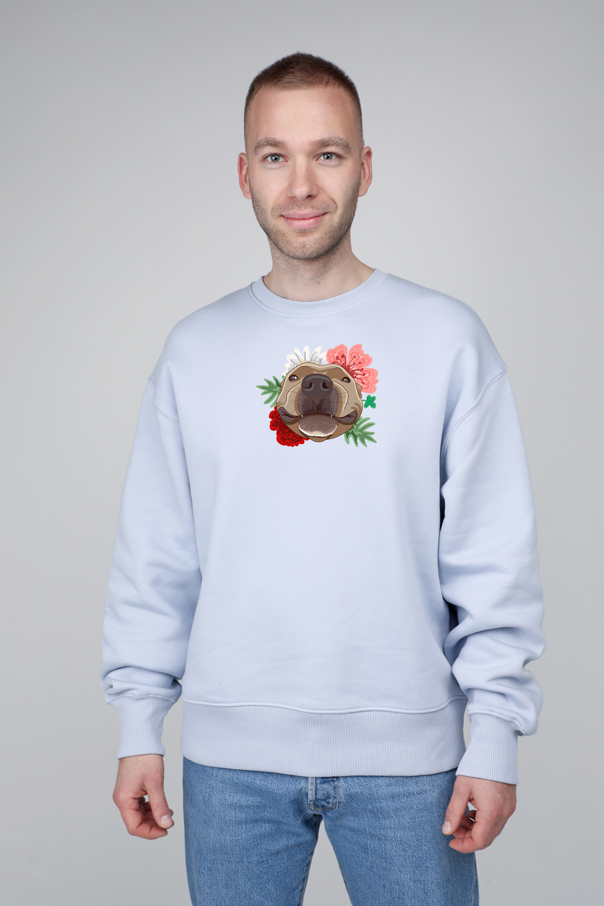 Serious dog with flowers | Crew neck sweatshirt with dog. Oversize fit | Unisex - premium dog goods handmade in Europe by animalistus