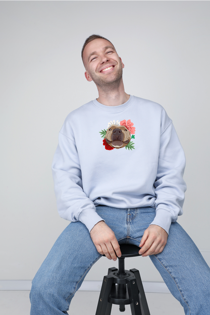 Serious dog with flowers | Crew neck sweatshirt with dog. Oversize fit | Unisex - premium dog goods handmade in Europe by animalistus