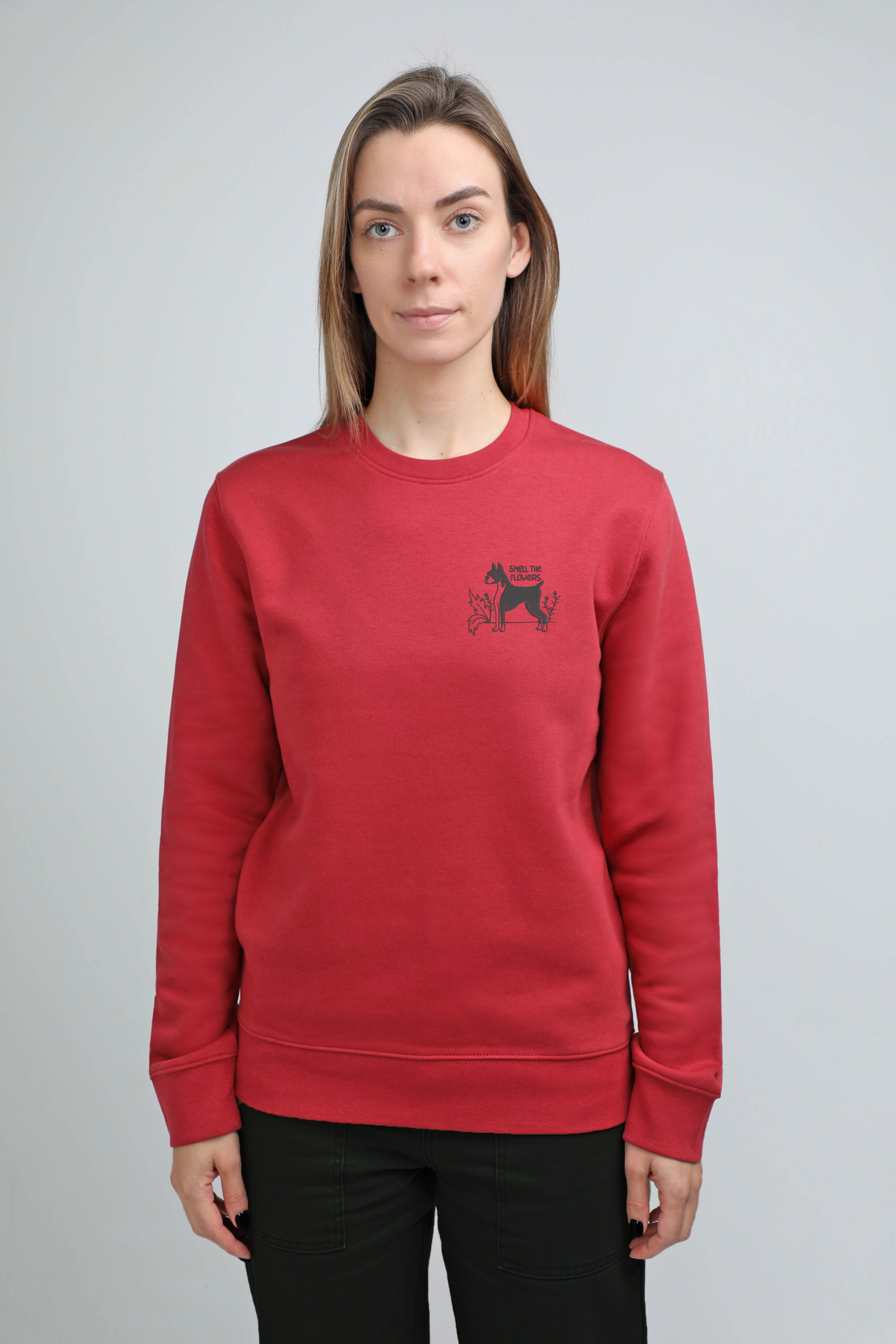 Smell the flowers | Crew neck sweatshirt with embroidered dog. Regular fit | Unisex | animalistus