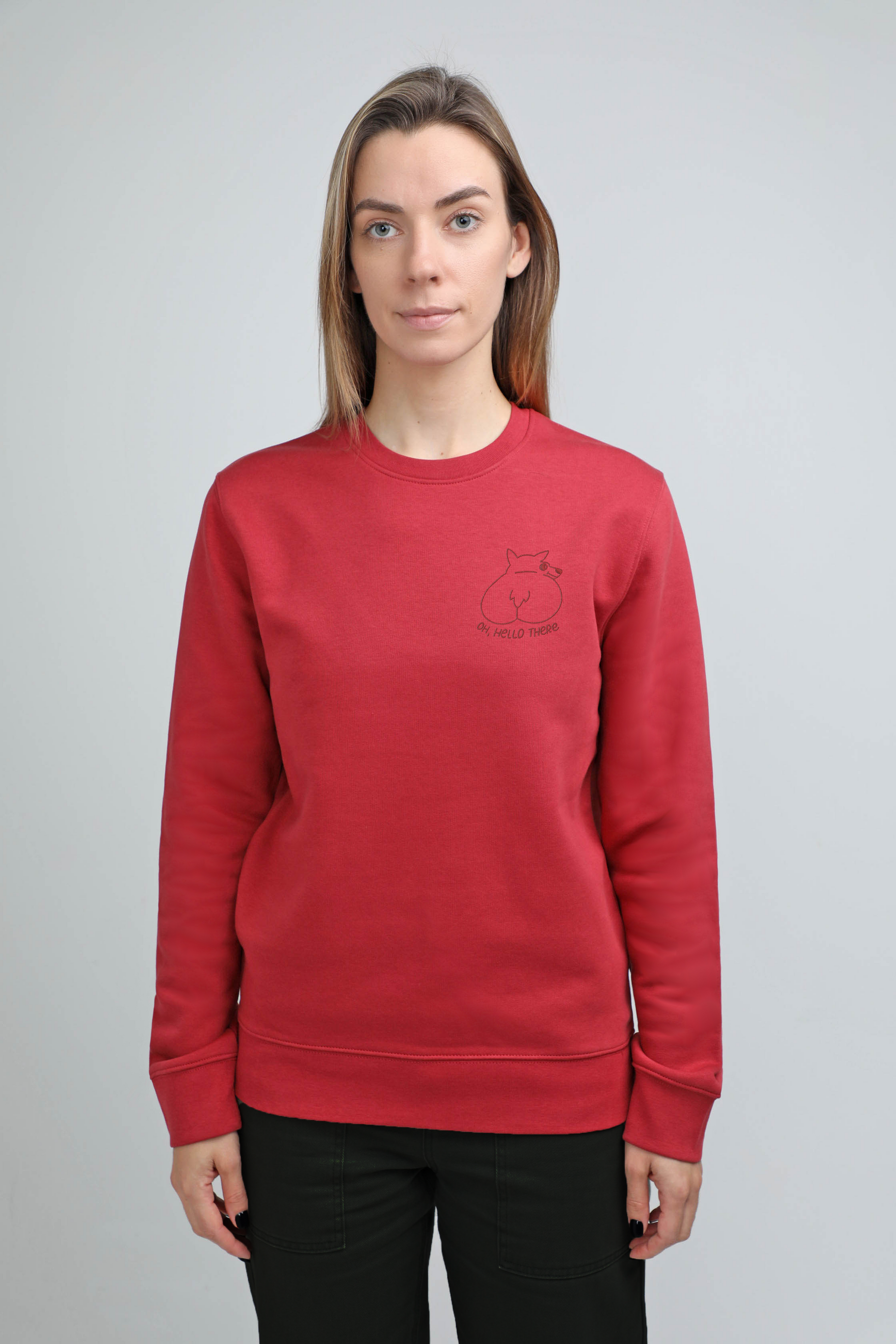S available only | Oh, hello there! | Crew neck sweatshirt with embroidered dog. Regular fit | Unisex | animalistus
