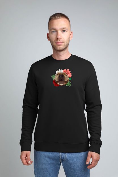 Serious dog with flowers | Crew neck sweatshirt with dog. Regular fit | Unisex by My Wild Other
