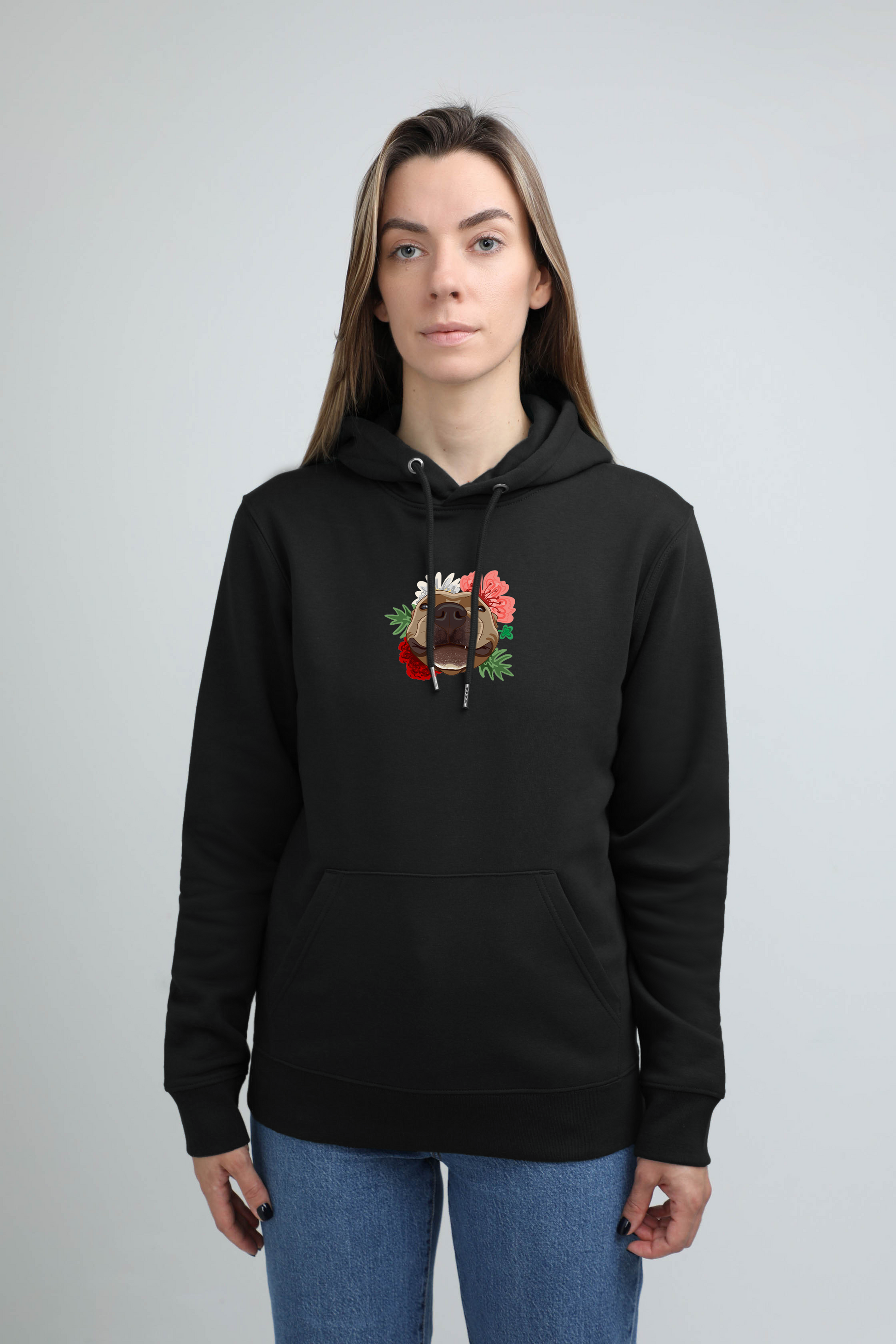 Serious dog with flowers | Hoodie with dog. Regular fit | Unisex - premium dog goods handmade in Europe by animalistus