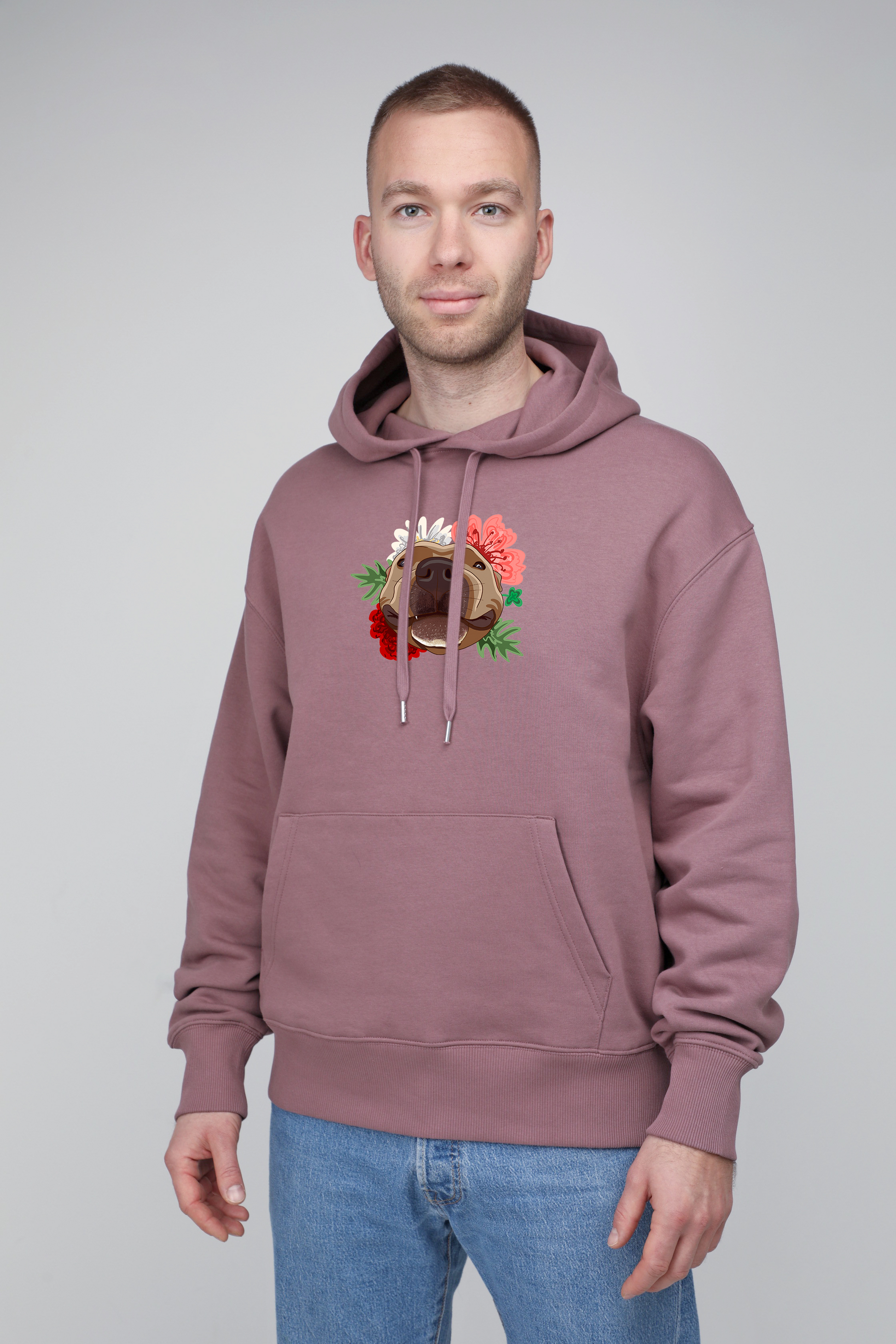 Serious dog with flowers | Hoodie with dog. Oversize fit | Unisex by My Wild Other