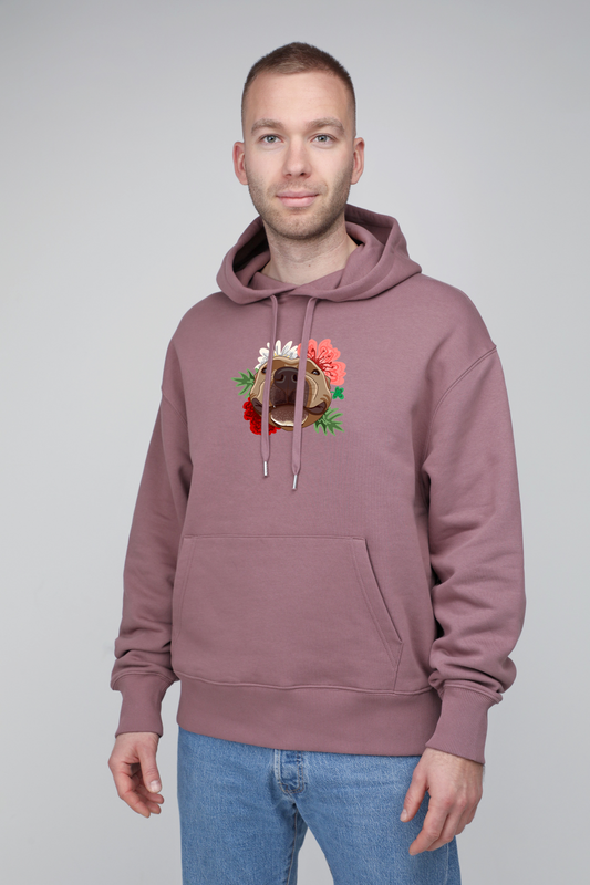 Serious dog with flowers | Hoodie with dog. Oversize fit | Unisex - premium dog goods handmade in Europe by animalistus