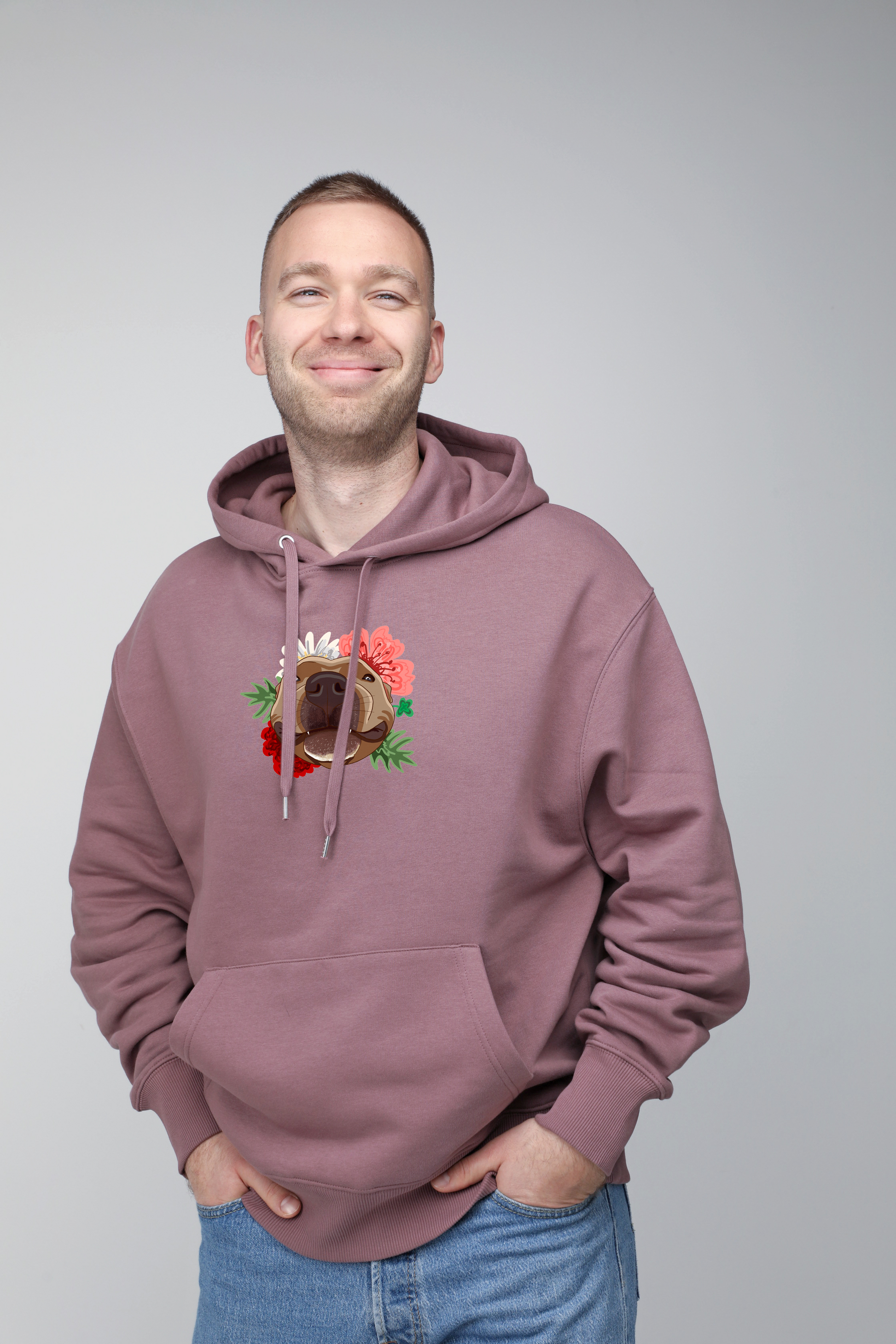 Serious dog with flowers | Hoodie with dog. Oversize fit | Unisex by My Wild Other