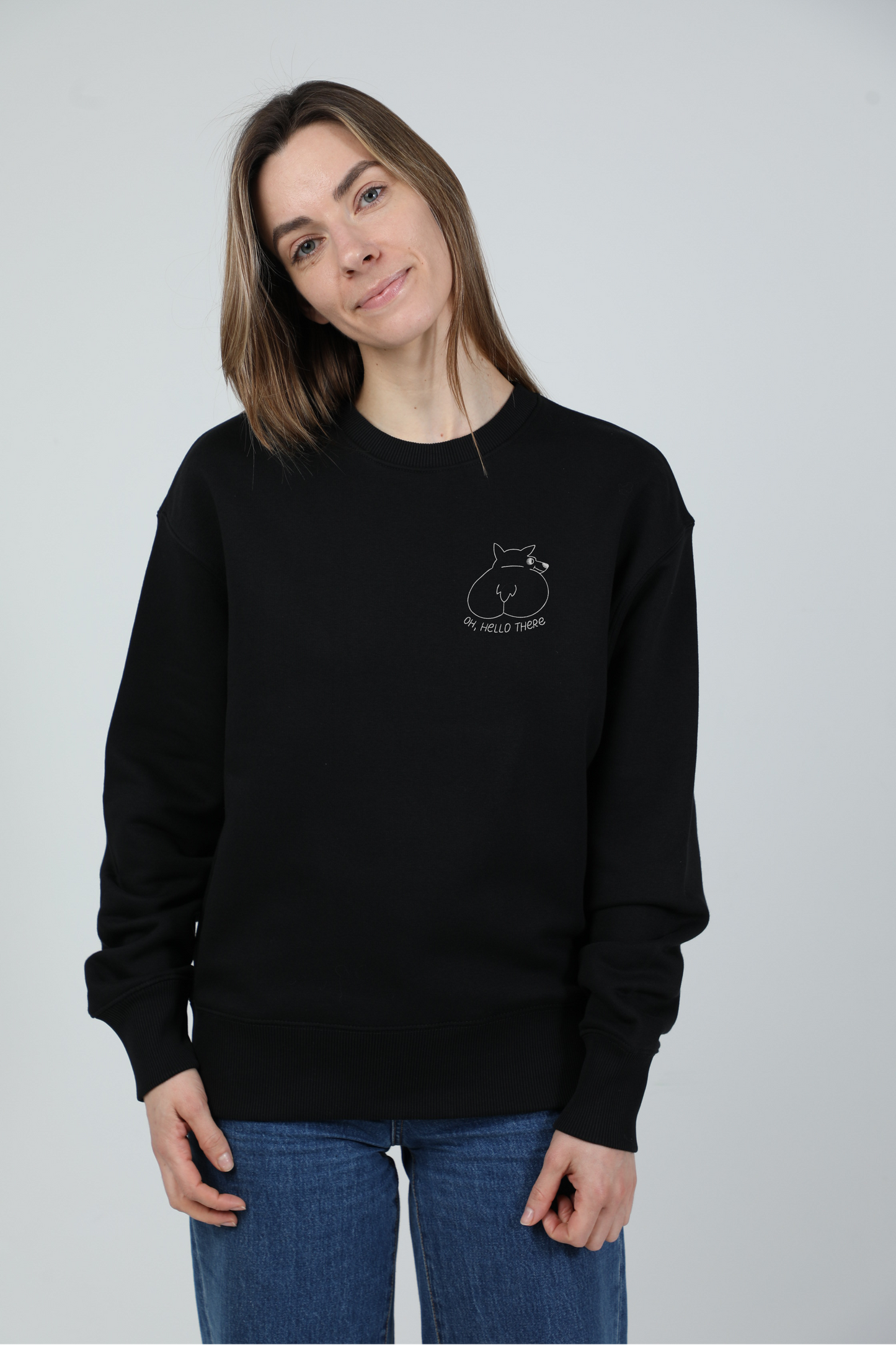 Oh, hello there! | Džemperis su išsiuvinėtu šuniu | Oversize | Unisex