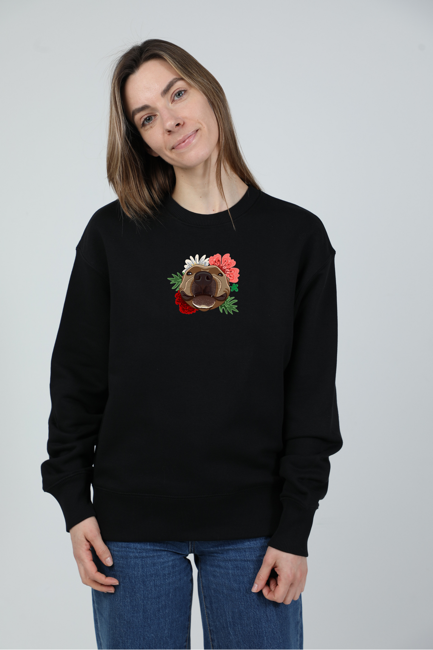 Serious dog with flowers | Crew neck sweatshirt with dog. Oversize fit | Unisex