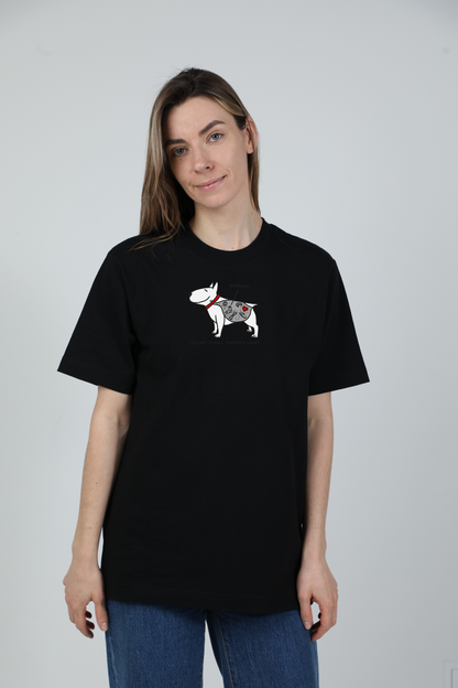 Hungry dog | Storo audinio, oversized marškinėliai su šuniu | Unisex