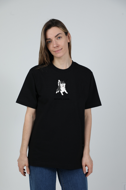 Chaos dog | Storo audinio, oversized marškinėliai su šuniu | Unisex