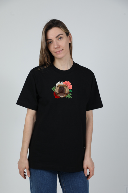 Serious dog with flowers | Heavyweight T-Shirt with dog. Oversized | Unisex