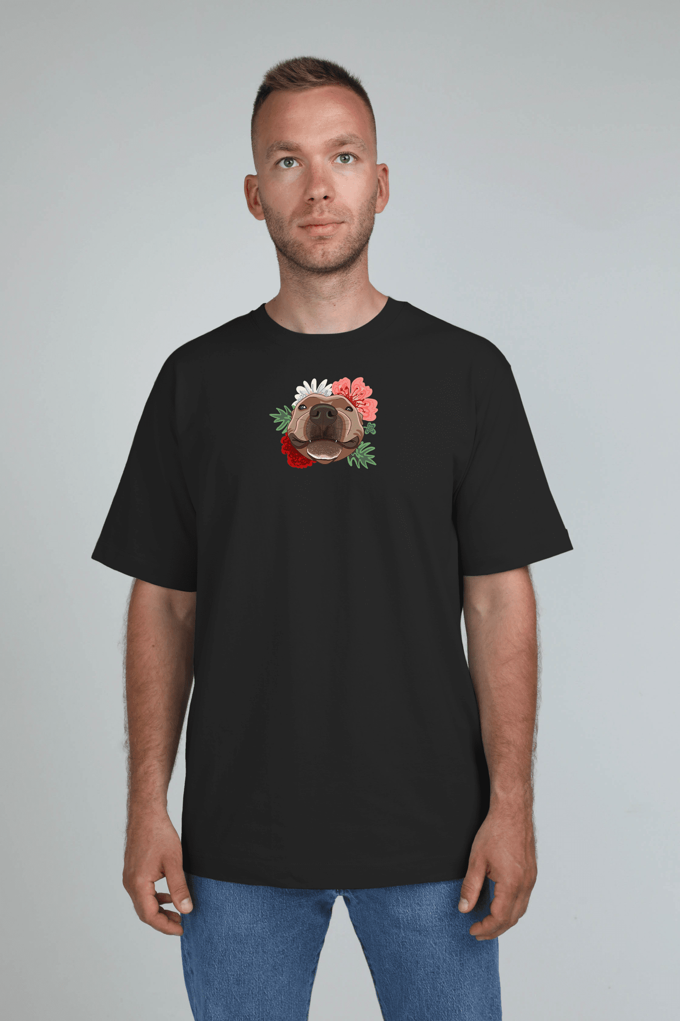 Serious dog with flowers | Heavyweight T-Shirt with dog. Oversized | Unisex by My Wild Other