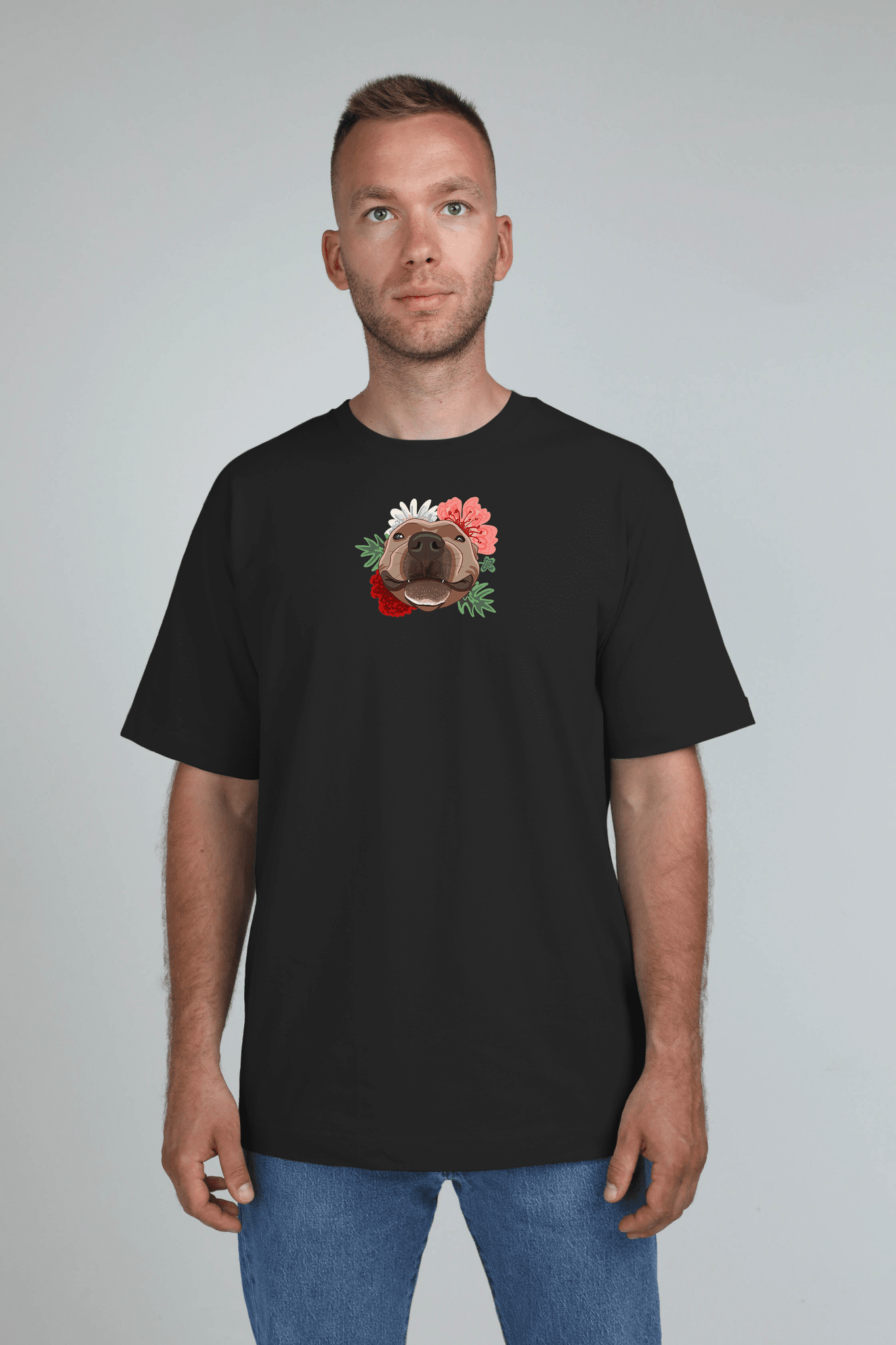 Serious dog with flowers | Heavyweight T-Shirt with dog. Oversized | Unisex | animalistus