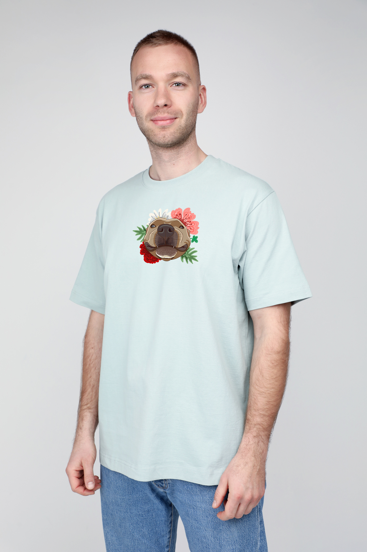 Serious dog with flowers | Heavyweight T-Shirt with dog. Oversized | Unisex - premium dog goods handmade in Europe by animalistus