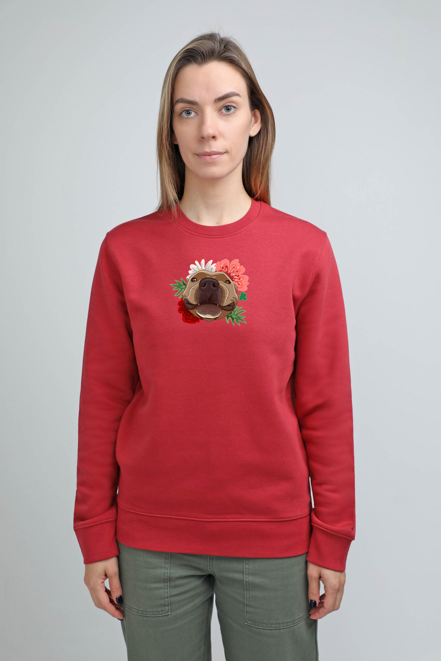 Serious dog with flowers | Crew neck sweatshirt with dog. Regular fit | Unisex by My Wild Other