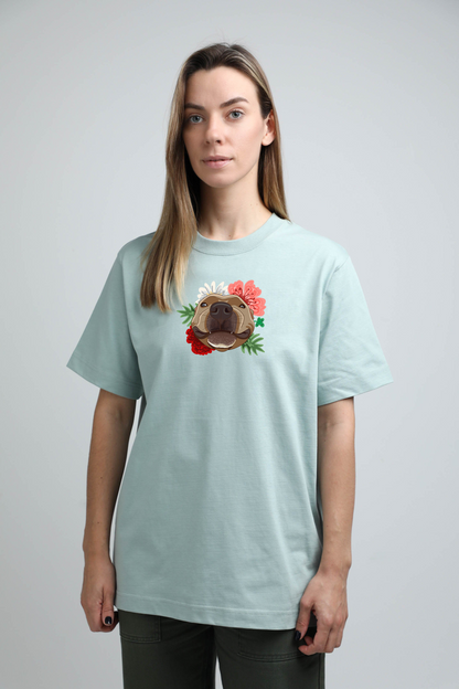 Serious dog with flowers | Heavyweight T-Shirt with dog. Oversized | Unisex - premium dog goods handmade in Europe by animalistus