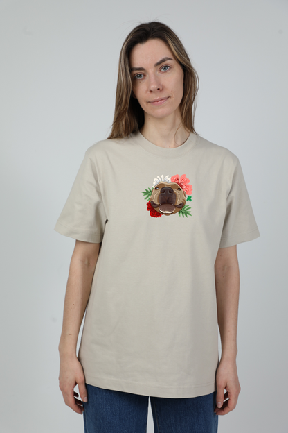 Serious dog with flowers | Heavyweight T-Shirt with dog. Oversized | Unisex