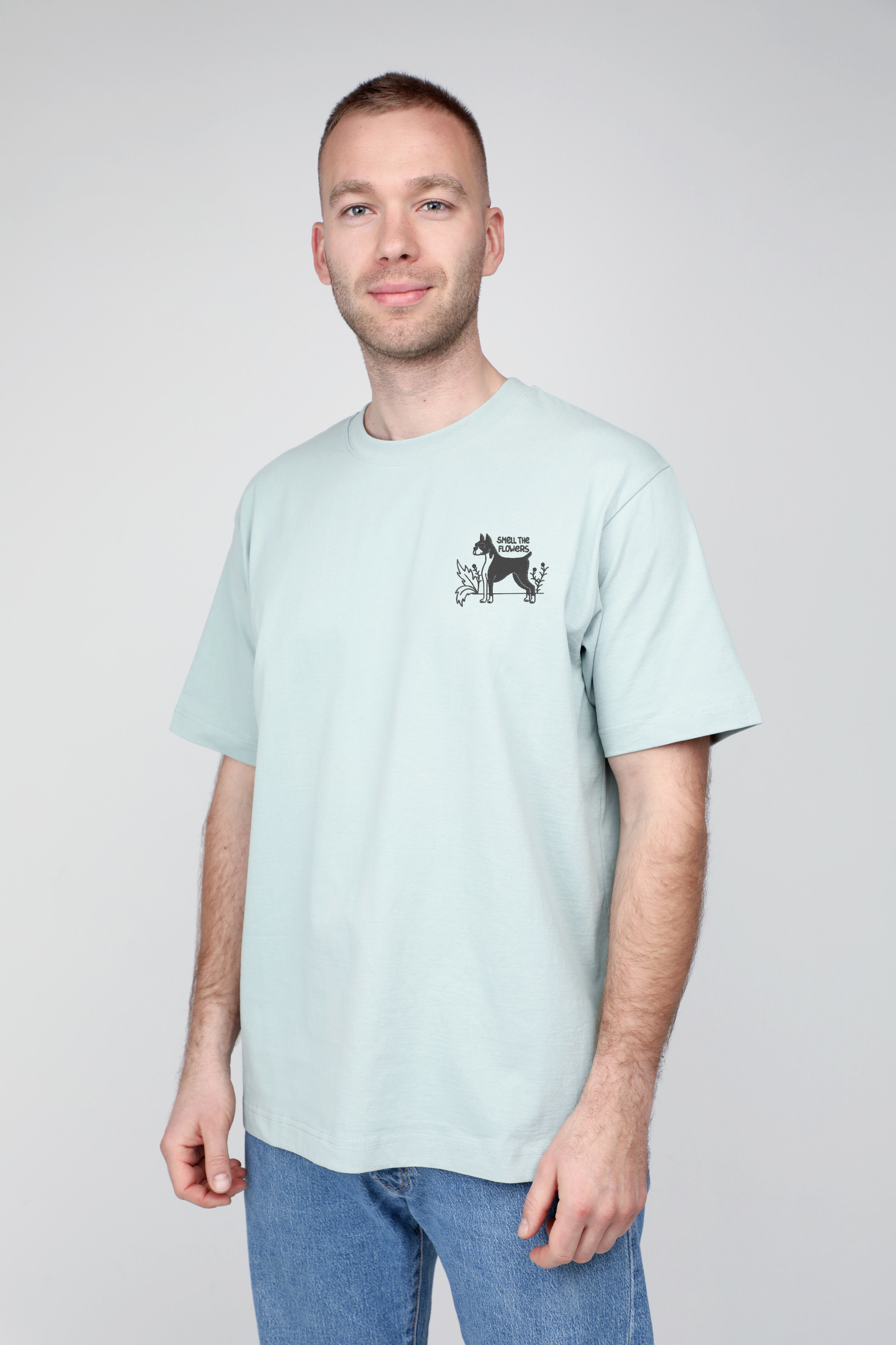 Smell the flowers | Heavyweight T-Shirt with embroidered dog. Oversized | Unisex | animalistus