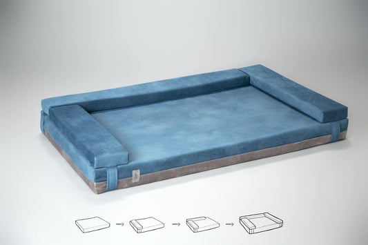 2-sided transformer dog bed. SAPPHIRE BLUE+FOG GREY - premium dog goods handmade in Europe by My Wild Other