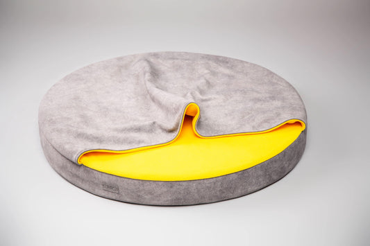 Cozy cave dog bed | STEEL GREY+YELLOW - premium dog goods handmade in Europe by animalistus