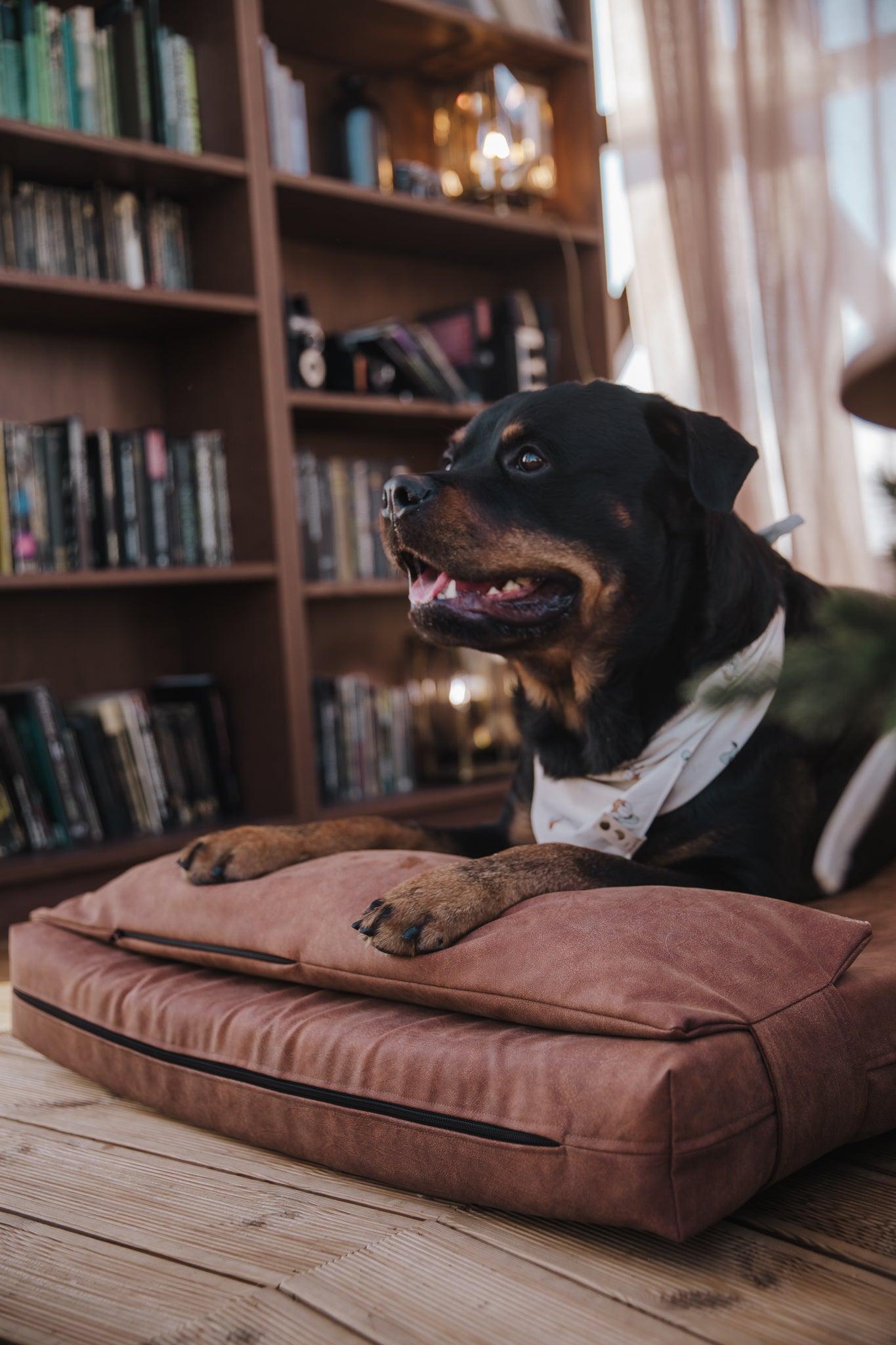 2-sided extra large & supportive leather dog bed. TAWNY BROWN - premium dog goods handmade in Europe by My Wild Other