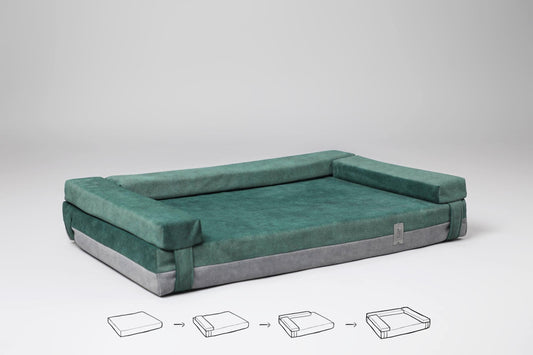 2-sided transformer dog bed. MOSS GREEN+STEEL GREY - premium dog goods handmade in Europe by My Wild Other