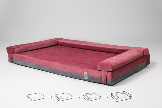 2-sided transformer dog bed. WINE RED+STEEL GREY - premium dog goods handmade in Europe by My Wild Other