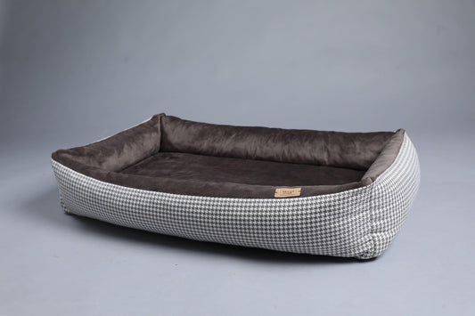 Modern dog bed with sides | 2-sided | HOUNDSTOOTH+TAUPE | animalistus