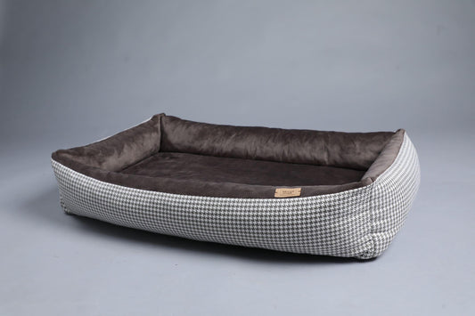 Modern dog bed with sides | 2-sided | HOUNDSTOOTH+TAUPE - premium dog goods handmade in Europe by animalistus