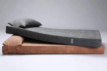 2-sided extra large & supportive leather dog bed. TAWNY BROWN - premium dog goods handmade in Europe by My Wild Other