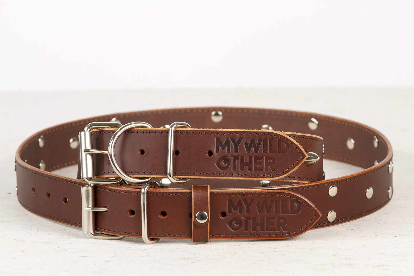Handmade brown leather STUDDED dog collar - premium dog goods handmade in Europe by animalistus
