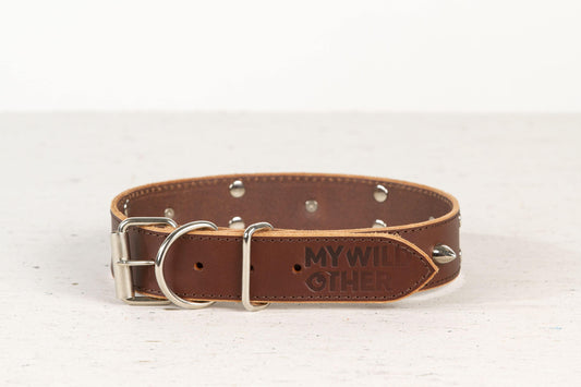 Handmade brown leather STUDDED dog collar - premium dog goods handmade in Europe by animalistus