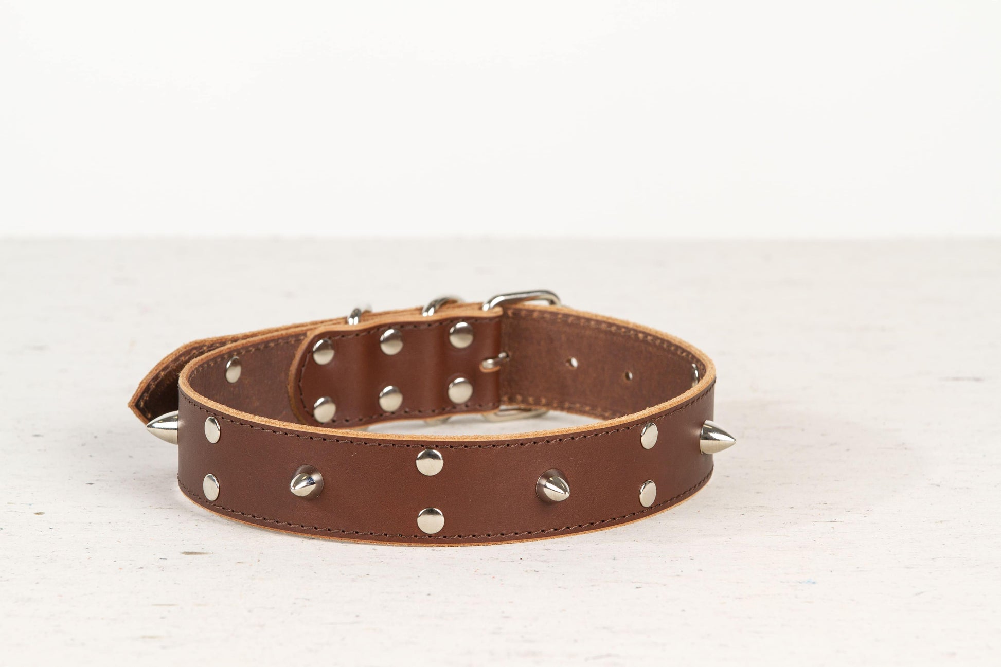 Handmade brown leather STUDDED dog collar - premium dog goods handmade in Europe by animalistus