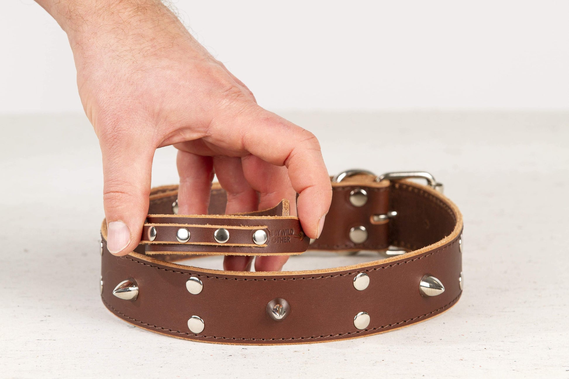 Handmade brown leather STUDDED dog collar - premium dog goods handmade in Europe by My Wild Other