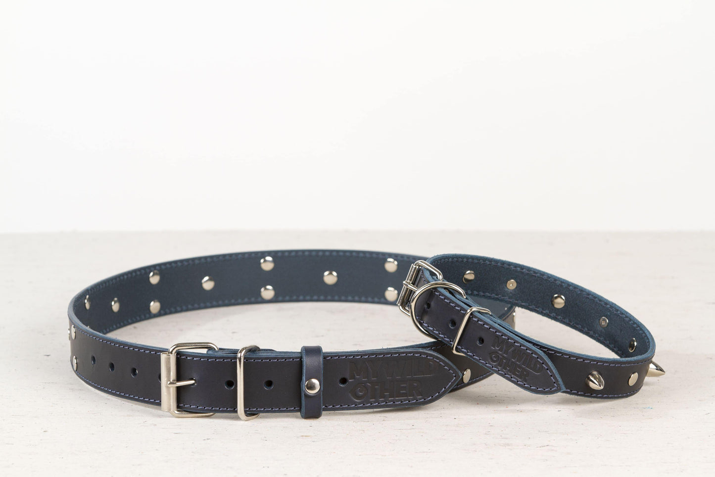 Handmade blue leather STUDDED dog collar - premium dog goods handmade in Europe by My Wild Other