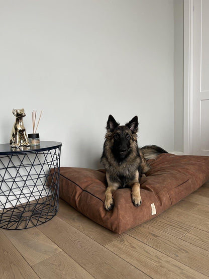 2-sided leather dog cushion bed. TAWNY BROWN - premium dog goods handmade in Europe by My Wild Other