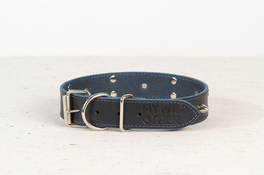 Handmade blue leather STUDDED dog collar - premium dog goods handmade in Europe by animalistus