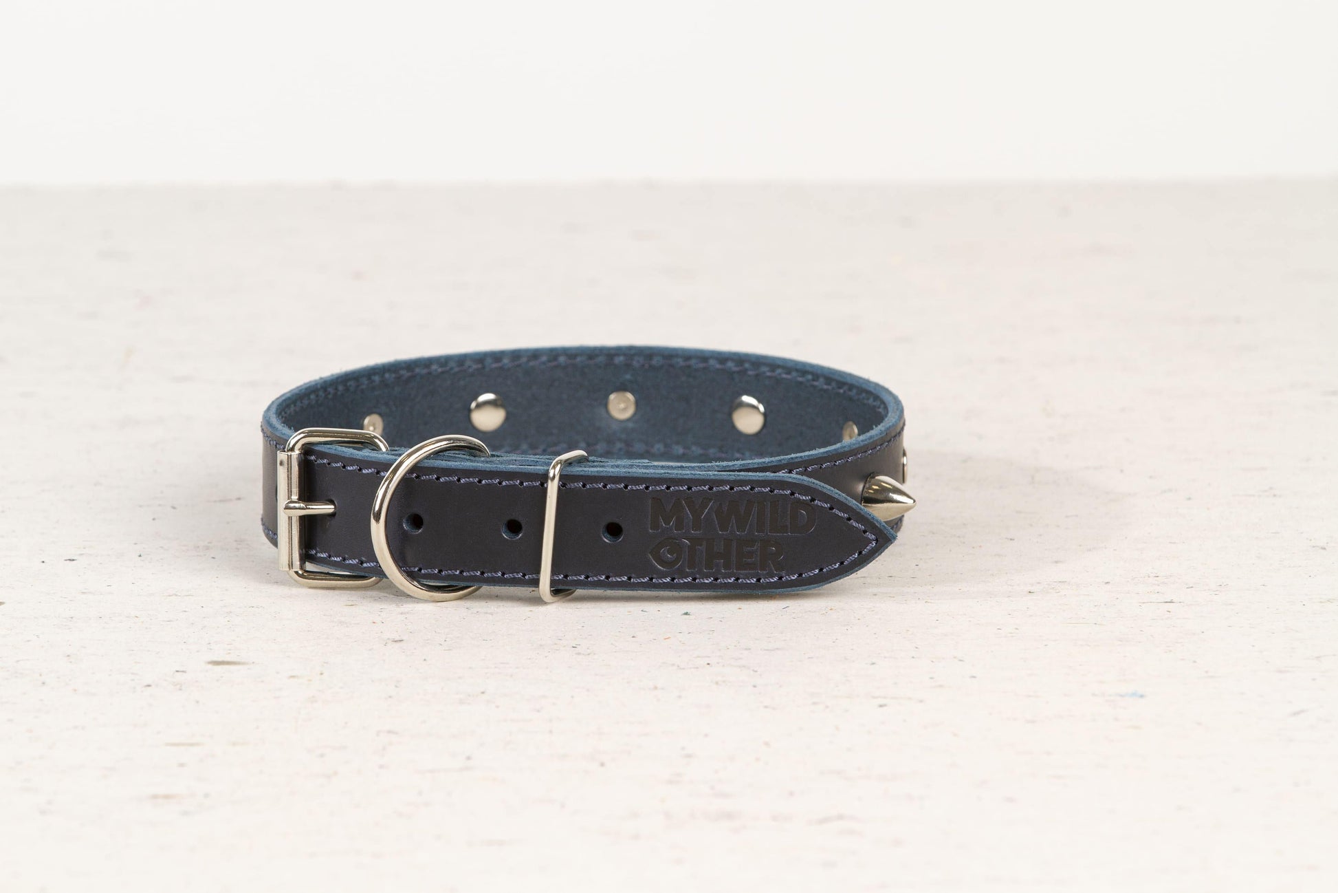 Handmade blue leather STUDDED dog collar - premium dog goods handmade in Europe by animalistus
