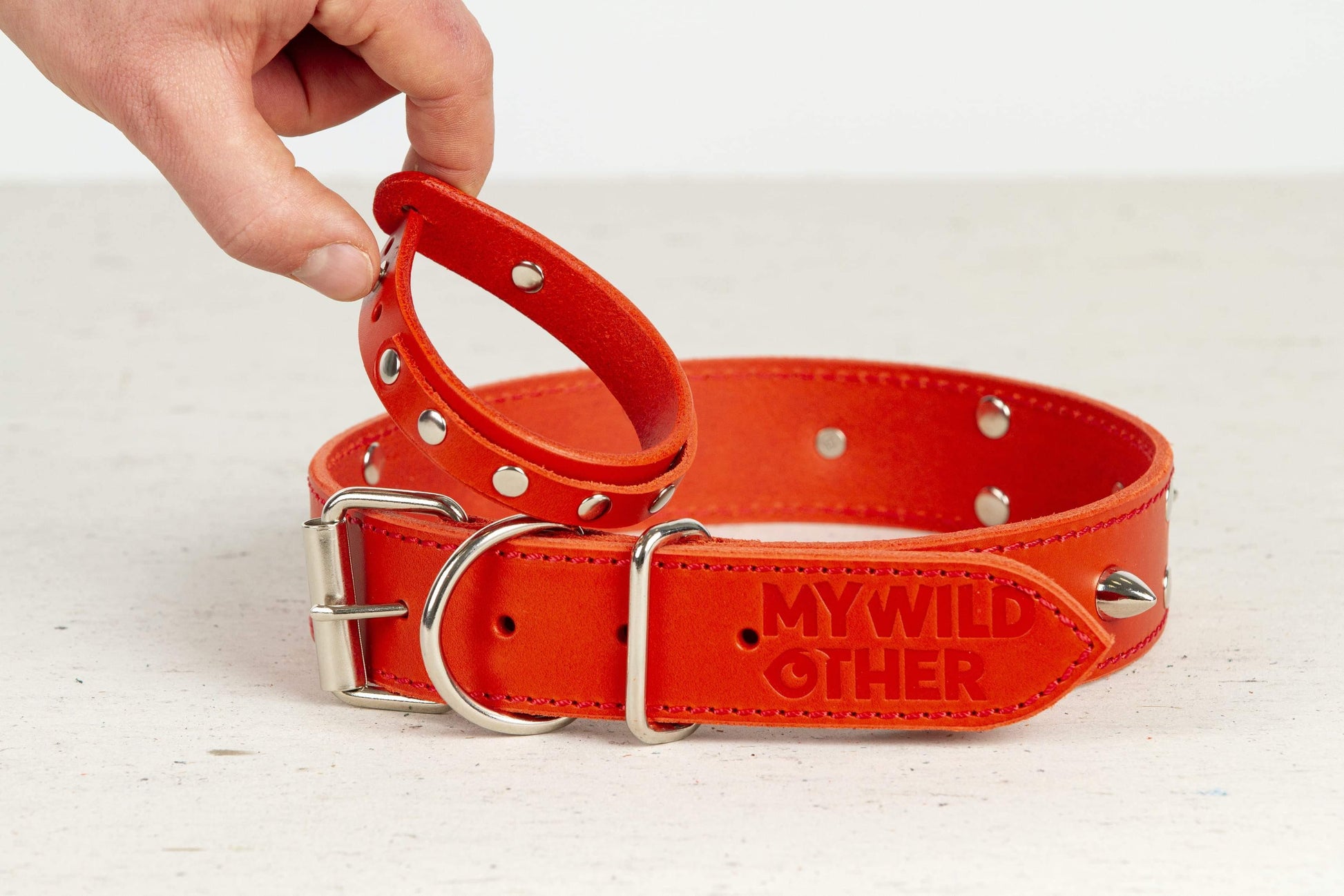 Handmade red leather STUDDED dog collar | animalistus